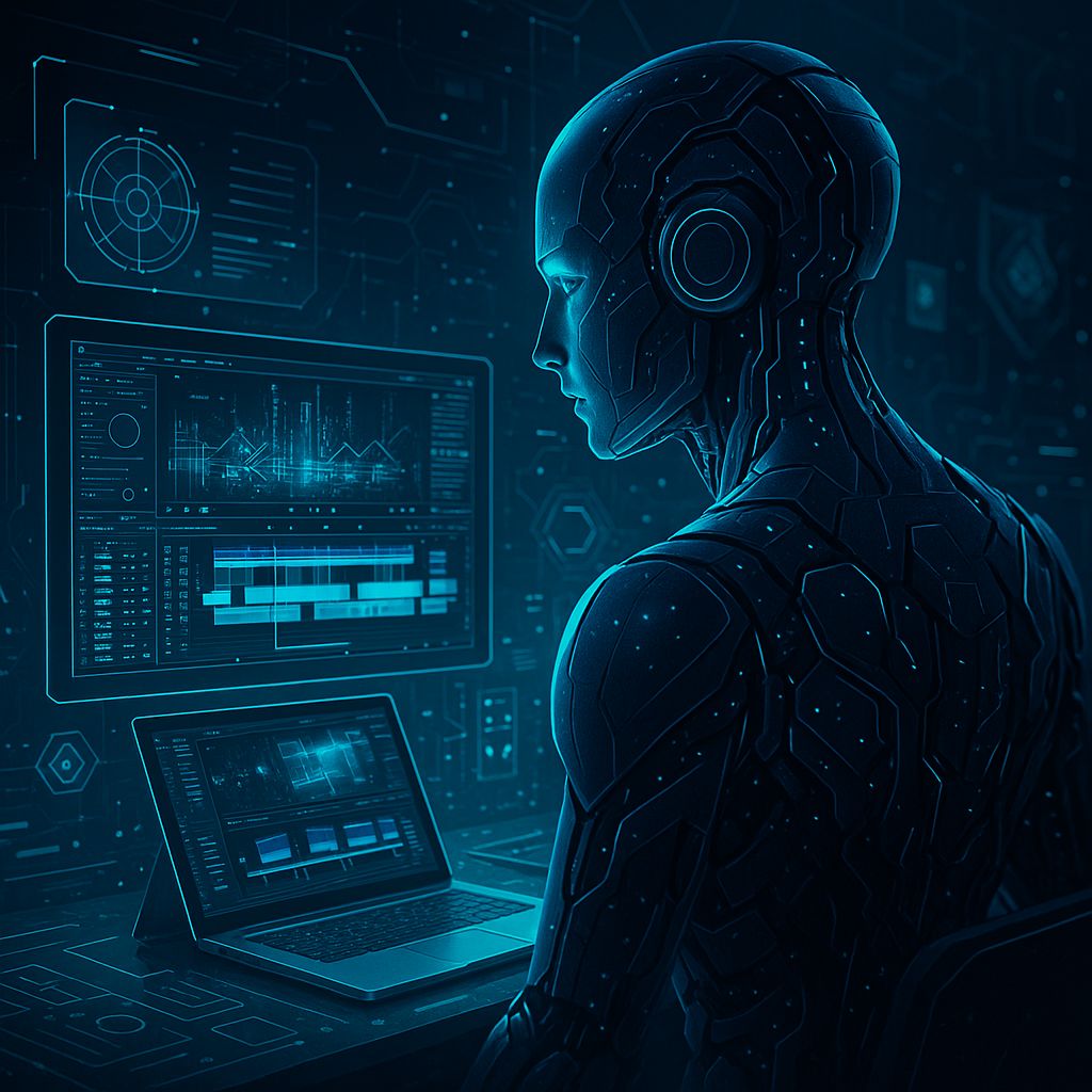 Futuristic AI creator working at digital workstation, holographic screens and neon blue lights